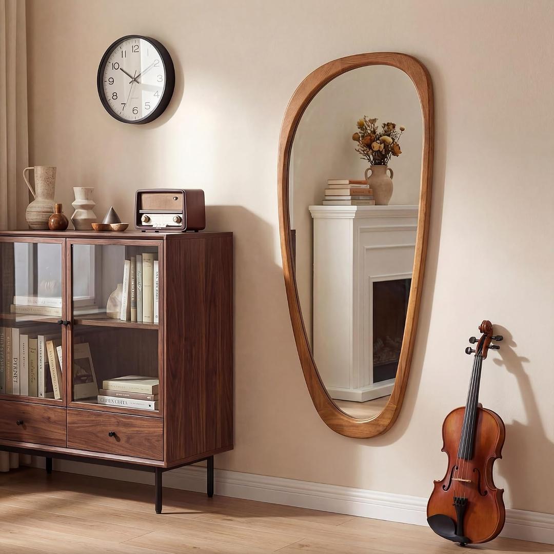EOGOW Asymmetrical Mirror,48" x 22" Unique Irregular Mirror Wall-Mounted Decor for Living Room Bathroom Bedroom Vanity Entryway Hallway(Natural Wooden)