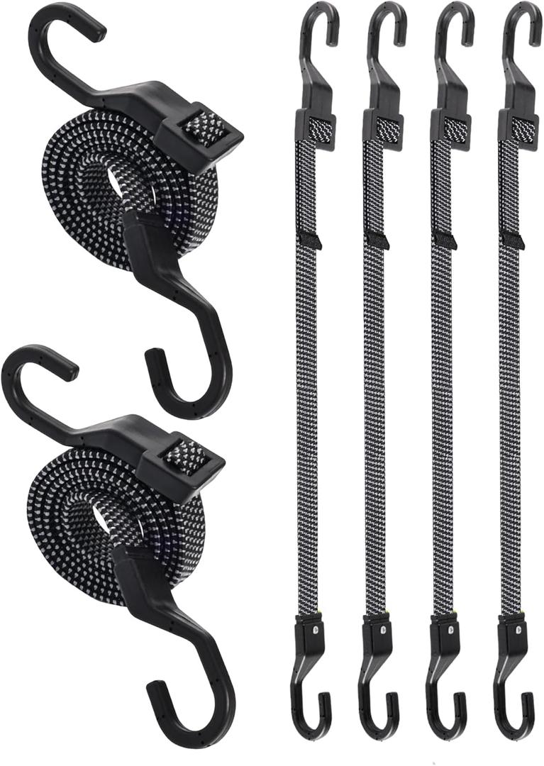 6 Pcs 80 Inch Flat Adjustable Bungee Cords with Hooks, 3X Faster to Adjust The Length, Lucky Straps Black Heavy Duty Bungee Straps for Cargo, Bike, Cart, Tent, Truck, Camping, Outdoor, etc.