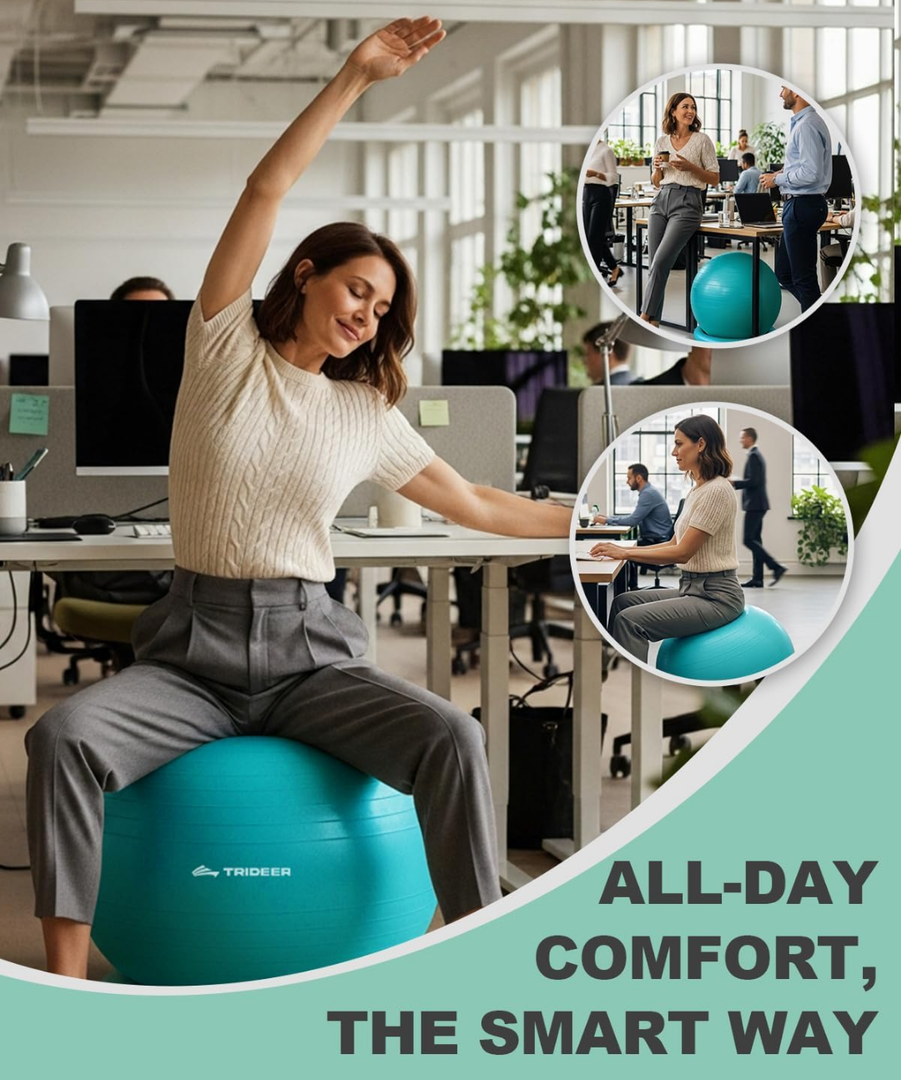 Trideer Exercise Ball with Pump for Office Desk, Yoga Ball Chair to Relieve Back Pain, Stability & Fitness Ball Seat with Base, Home Gym Core Workout, Abs, Stretching & Therapy