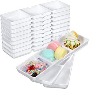 12 Pcs Small White Plastic Appetizer Serving Tray 3 Compartment Serving Dishes Reusable Stackable Sectional Platter Rectangular Divided Split Dish for Restaurant Kitchen Food Candy