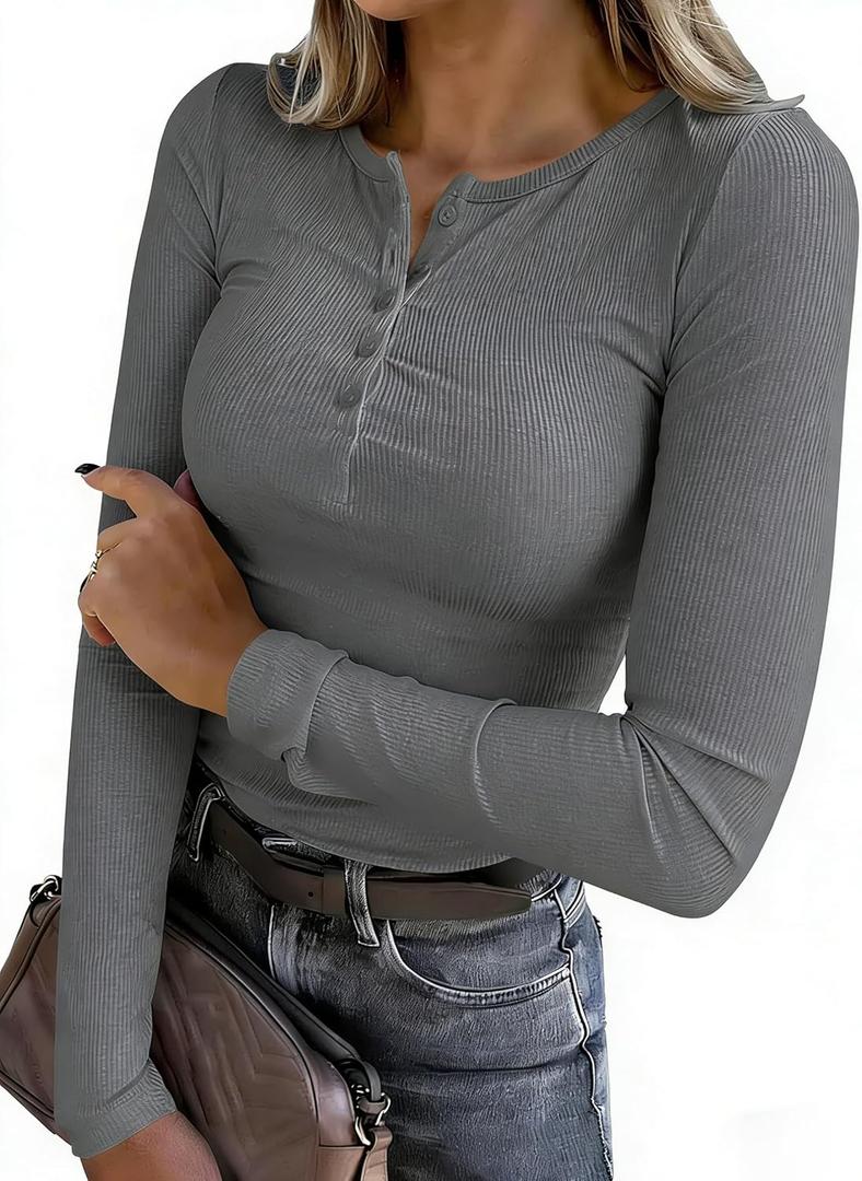 Long Sleeve Shirts for Women Henley Ribbed Shirt Button Down Slim Fit Tops Fall Winter Basic Tees XL