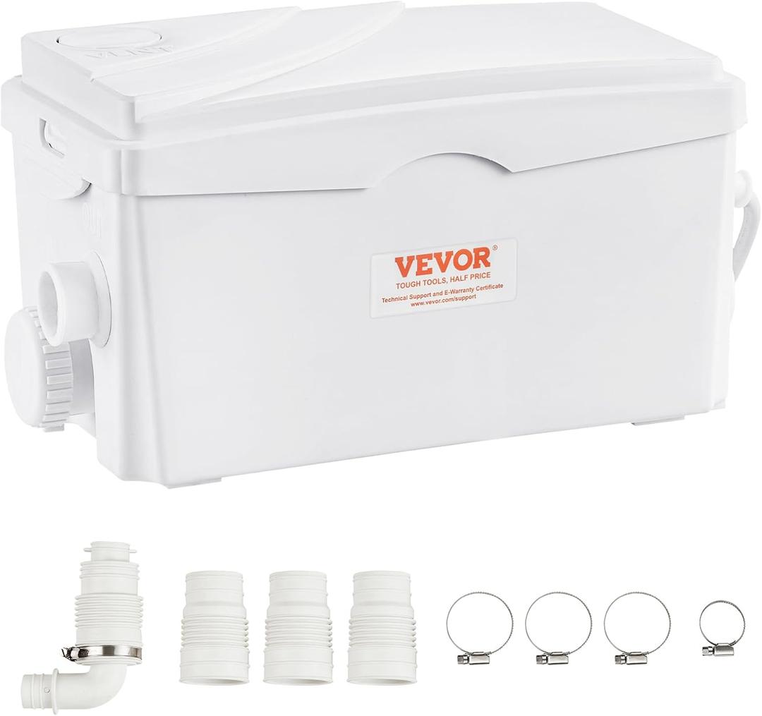 VEVOR 350W Utility Sink Pump, 6000 L/h Flow, 23 ft/7 m Head, Macerator Sewerage Sump Pump with 3 Water Inlets for Basement, Kitchen, Sink, Shower, Bathtub, Laundry Waste Water Disposal Upflush Machine