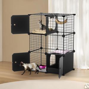 Cat Enclosure Indoor with Litter Box, 3-Tier Metal Wire Cat Cage, DIY Detachable Design for Cats, Kittens & Small Animals, Multi-Level Kennel