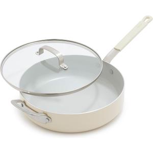 GreenPan x Bobby Flay 4.5QT Nonstick Saute Pan with Glass Lid, PFAS-Free Diamond Ceramic, Induction Suitable, Stay-Cool Silicone Handle, Easy Clean Dishwasher & Oven Safe, Cream