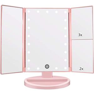 Tri-fold Lighted Vanity Makeup Mirror with 3x/2x Magnification,21 LED Lights and Touch Screen,180 Degrees Free Rotation Countertop Cosmetic Mirror,Travel(Pink)