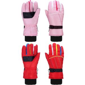SATINIOR 2 Pairs Kids Waterproof Winter Snow Gloves Ski Gloves for Boy Girl Outdoor Warm Thickening Snowboar (10-15 Years, Red, Pink)