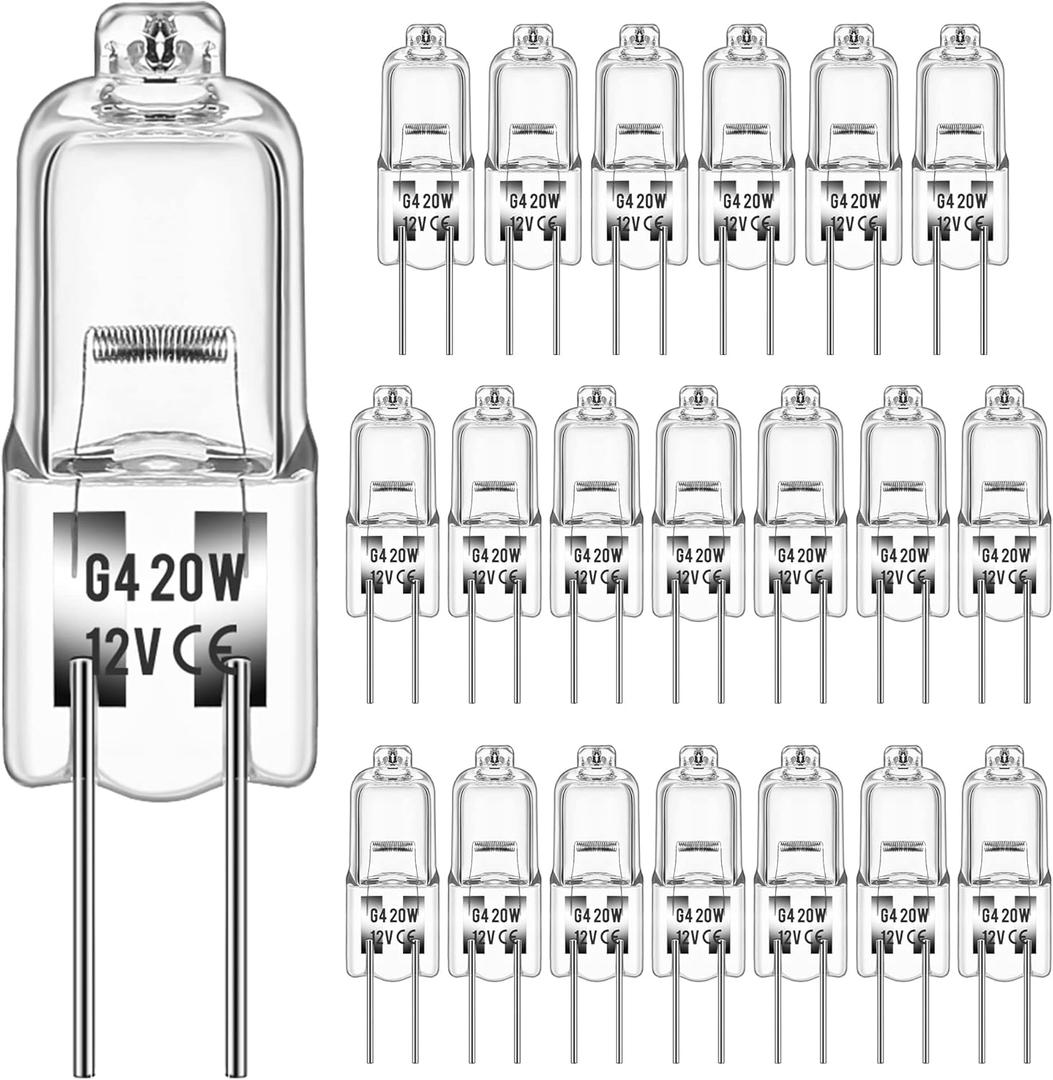 DORESshop Halogen Light Bulbs, 20 Pack G4 Bulb, Halogen Bulbs 2 Pin, 12V 20W JC T3 Bi-Pin G4 Base Dimmable 3000K 2 Pin Light Bulbs for Under Cabinet Puck Light, Chandeliers
