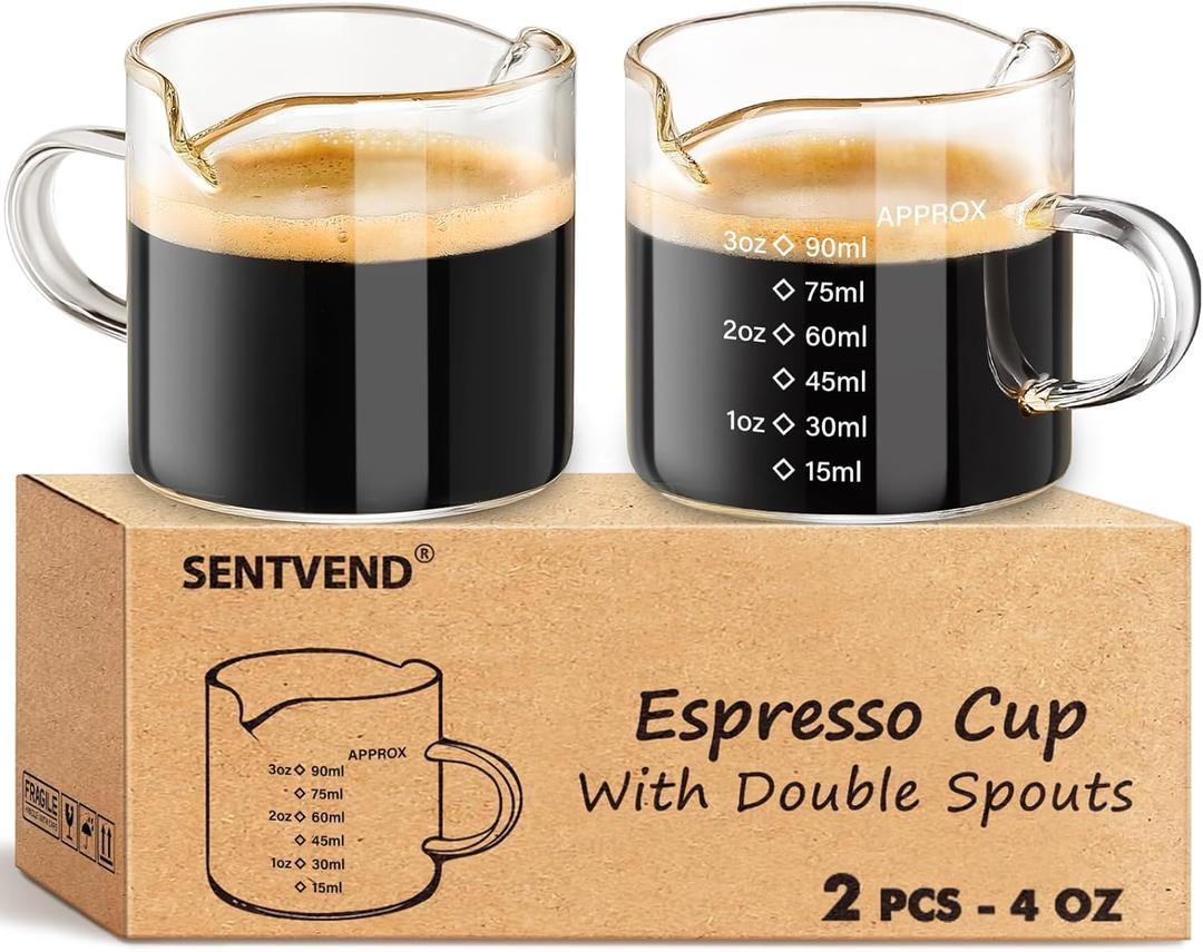 Espresso Cups Set of 2, 4 Oz Espresso Shot Glass with Handle Double Spout Measuring Cups with Scale Clear Glass Milk Cup Coffee Accessories Great for Making Coffee Desserts Salad Dressing
