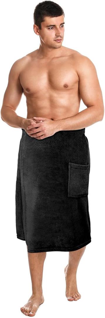 Tudomro 1 Pcs Men's Bath Wrap Towel X-Large Shower Adjustable Terry Body Spa Towel with Pocket After Shower Wrap for Men Gift Spa College Bath Dorm Room Gym (Black) 