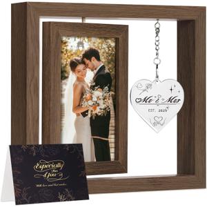 Wedding Gifts for Couples 2025, Engagement Gifts for Couples, Personalized Mr and Mrs Wedding Gift for Newlyweds, Bridal Shower Gift for Bride to Be, Rotating Floating Wedding Picture Frame 4x6 (brown)