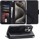 Arae Compatible with iPhone 15 Pro Case with Card Holder and Wrist Strap Wallet Flip Cover for iPhone 15 Pro 6.1 inch,Black