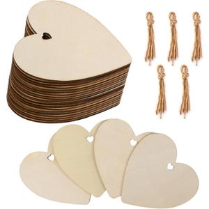 Heart Shape 50Pcs Unfinished Wooden Valentine Ornaments Mother's Day Christmas Craft Present Paintable Blank Natural Heart Hanging Wood Slices for Kids DIY Art Crafts