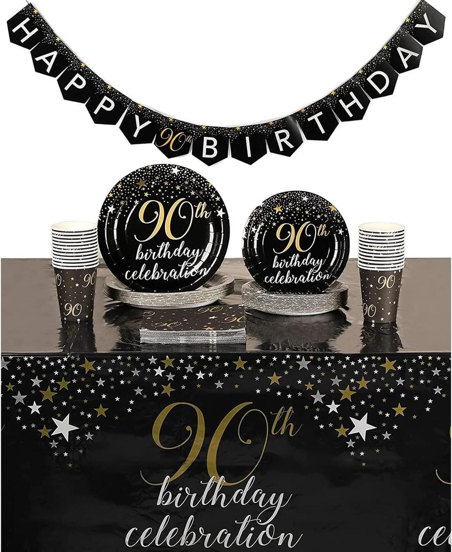 Sparkle and Bash 90th Birthday Party Supplies and Decorations for 24 Guests, Black and Gold Plates, Napkins, Cups, Tablecloths, Banner - Plate Napkin Party Supply