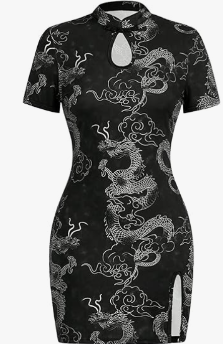 SOLY HUX Women's Chinese Cheongsam Short Sleeve Dragon Print Dress Mini Bodycon Evening Dresses (Medium)