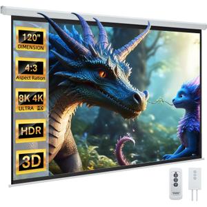 YODOLLA 120 inch Projector Screen Motorized,4:3 HD Retractable Electric Projector Screen 4K 3D Wall Mounted Ceiling Automatic Projection Screen Drop Down with Remote Movie Screen for Indoor Outdoor