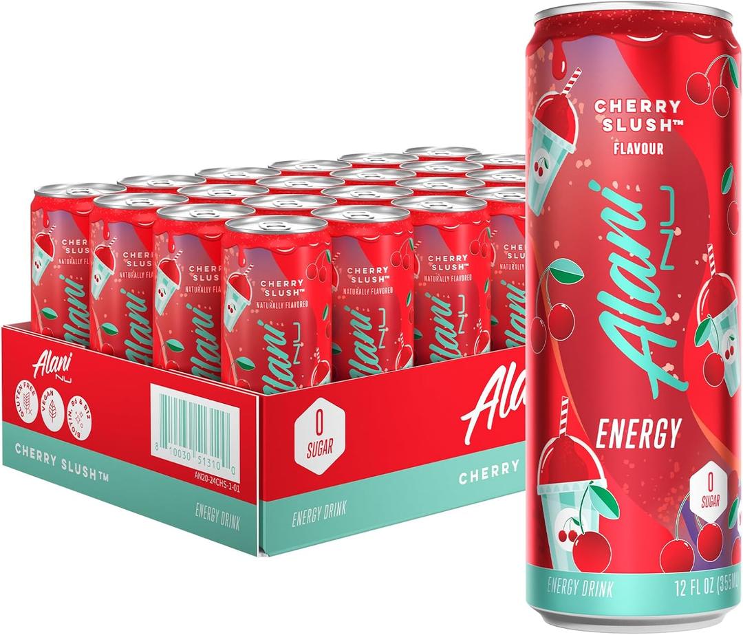 Alani Nu CHERRY SLUSH, Sugar Free, Low Calorie Energy Drinks, 200mg Caffeine, Biotin, B Vitamins, Zero Sugar, 10 Calories, 12 Fl Oz Cans, 24 Pack, EXP 07/2027