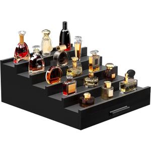 Wooden Cologne Organizer for Men 5 Tier of Perfume Display Holder of Drawer & 2 Hidden Compartments Larger Storage Space Mens Perfume Organizer Shelf Stand,Gift for Man (5T-Black)