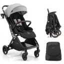 Gromast Gravity Folding Baby Stroller - Portable Travel Toddler Stroller w/Adjustable Backrest, Canopy & Cup Holder, Lightweight and UV Protected, One-Hand Automatic Folding - Light Grey