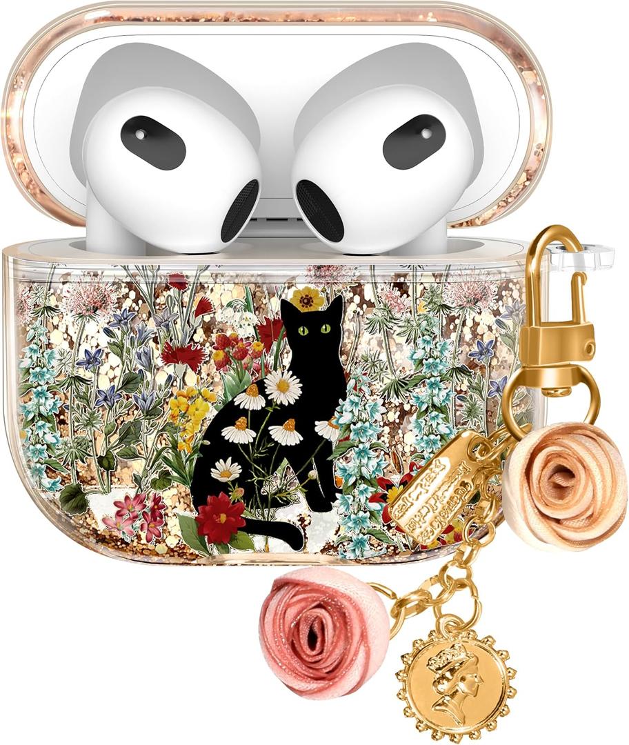 for Airpods 3rd Generation Case - Quicksand Liquid Cute Mujer Girl Women Aesthetic Cover Sparkling Sparkle Glitter Bling Sparkly Cat Flower Floral Keychain Girly for Airpods 3 Case