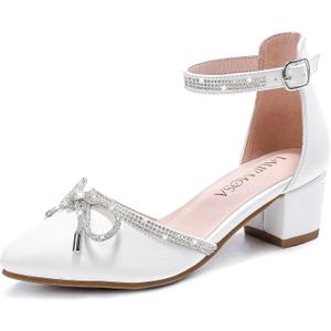 LAURMOSA Girls Sandals Closed Toe High Heels Pointed Toe Ankle Strap Pumps Flower Girl Dressy Shoes in Wedding Party Cute Bowknot Chunky Block Heeled for Little Big Kids,1 Big Kid