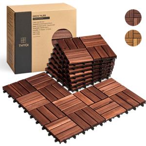 THYOI 10 Pcs Premium Acacia Wood Interlocking Deck Tiles (12" x 12"), Deck Flooring Outdoor Waterproof All Weather, Tiles for Patio, decking for Indoor and Outdoor use (Dark Brown 12S, 10 Square Ft)