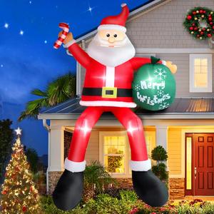 8 FT Christmas Inflatable Santa Claus Outdoor Decorations, Blow up Sitting Santa Claus with Gift Bag, Climbing Santa Carrying Present Sack Sitting on Roof, Xmas Yard Patio Bench Shrubs Indoor Decor
