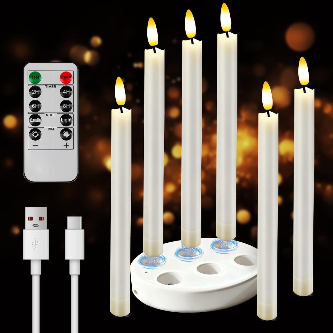 Pruk 6-Pack Rechargable Taper Candles with Remote Timer, Flameless Flickering Real Wax Candle, 60+ Hours Battery Life, Fast Charging Station, for Home Decor, Wedding, Christmas, Thanksgiving