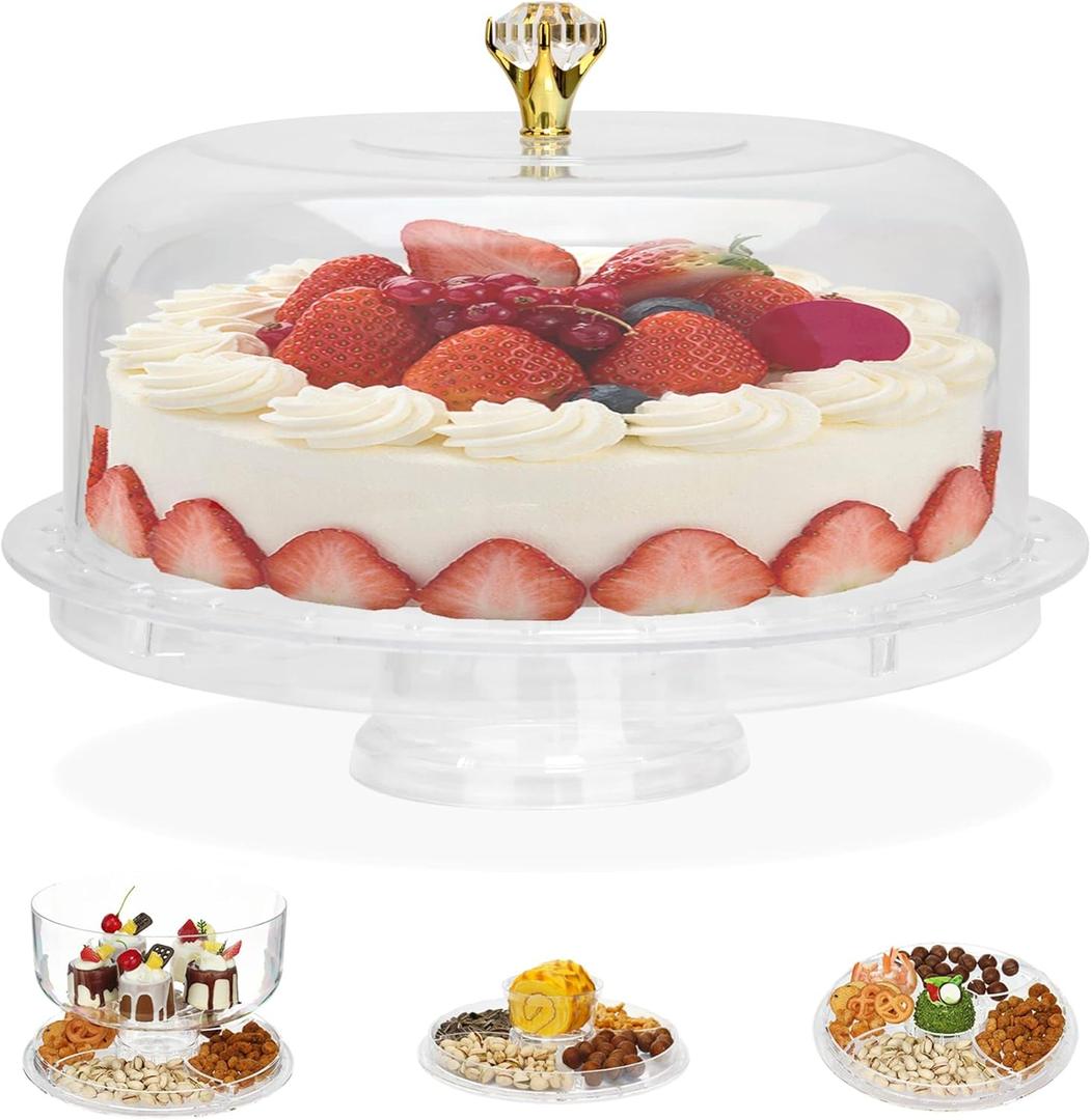 Acrylic Cake Stand with Lid Cear Cake Plate Platter Display with Dome Cover Holder Cupcake Keeper