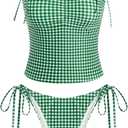 ZAFUL Women's Gingham Ruched Bowknot Decor Cinched Back Tankini Set Tummy Control 2 Piece Bikini Swimsuits (Medium, 1-green)
