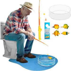 Novelty Place Potty Fisher Toilet Fishing Game Set - Fishing Rod with Hook Line & Sinker, Water Tank, Blue Cotton Mat & Door Sign - Funny Bathroom Fishing Practice Toy