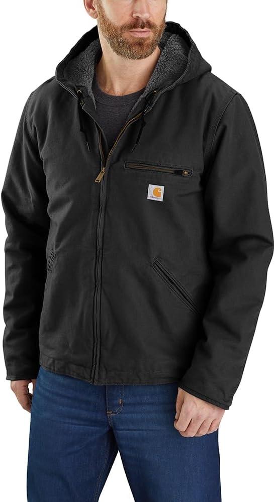 Carhartt Men's Relaxed Fit Washed Duck Sherpa-Lined Jacket (Medium, Black)