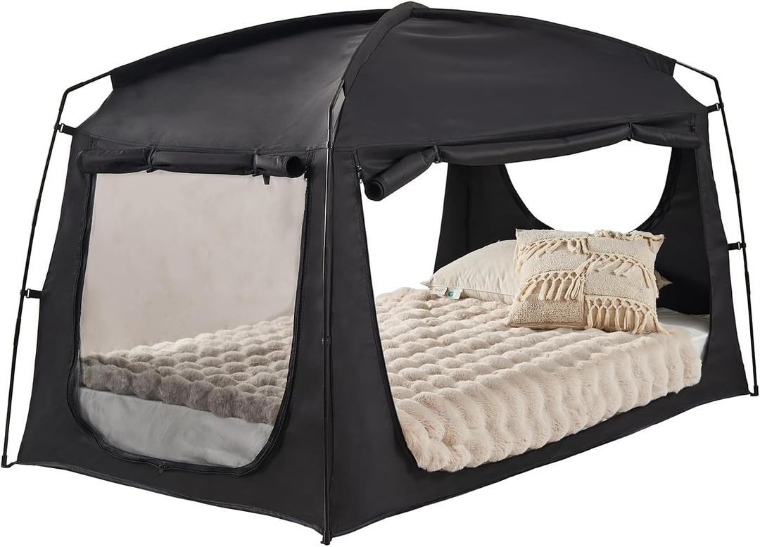 Black Indoor Privacy Queen Size Bed Tent for Adults, 3 Doors Sleeping Blackout 90% Canopy Tents with Breathable Mesh Windows, Large Space