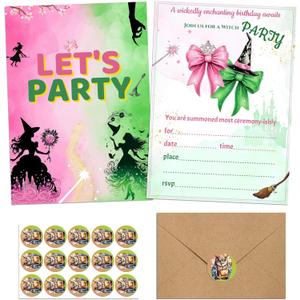 15 Set Witch Themed Birthday Party Invitations, Pink Green Birthday Party Invitation with Envelopes and Stickers, Musical Movie Fan Birthday Cards for Wizard Movie Decor