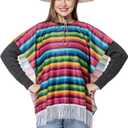 Lastclream Mexican Serape Poncho Costume for Women Cinco De Mayo Mexican Fiesta Ponchos for Adults (Only Poncho) (Colorful Adult Short Size)