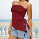 Women Tube Tops Trendy Summer Going Out Strapless Backless Bustier Drawstring Ruched Side Split Asymmetrical Bandeau Shirt (Red, XL)