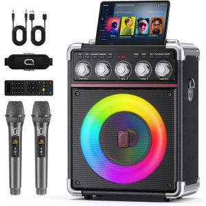 Karaoke Machine for Adults with 2 Wireless Microphones, Portable Bluetooth 5.3 Speaker with Bass/Treble/Echo Adjustment, PA System with Remote Control, Supports TWS/TV/TF Card/USB/AUX (Black)