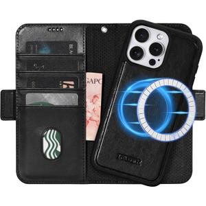 ICARER Compatible for iPhone 15 Pro Max Wallet Case, Premium Detachable Leather Case with 4 Card Slot, Magnetic Closure, Suit for Magsafe Compatible for iPhone 15 Pro Max 6.7in (Black)