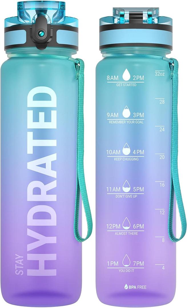 Sahara Sailor Water Bottle 32oz, Durable and Leakproof Water Bottles Motivational with Time Marker, Tritan, BPA Free, Wide Mouth with Easy Clean Brush for Gym, Travel, Home, School, Office (1 Bottle) (33.8 Ounces, Galaxy Magic)