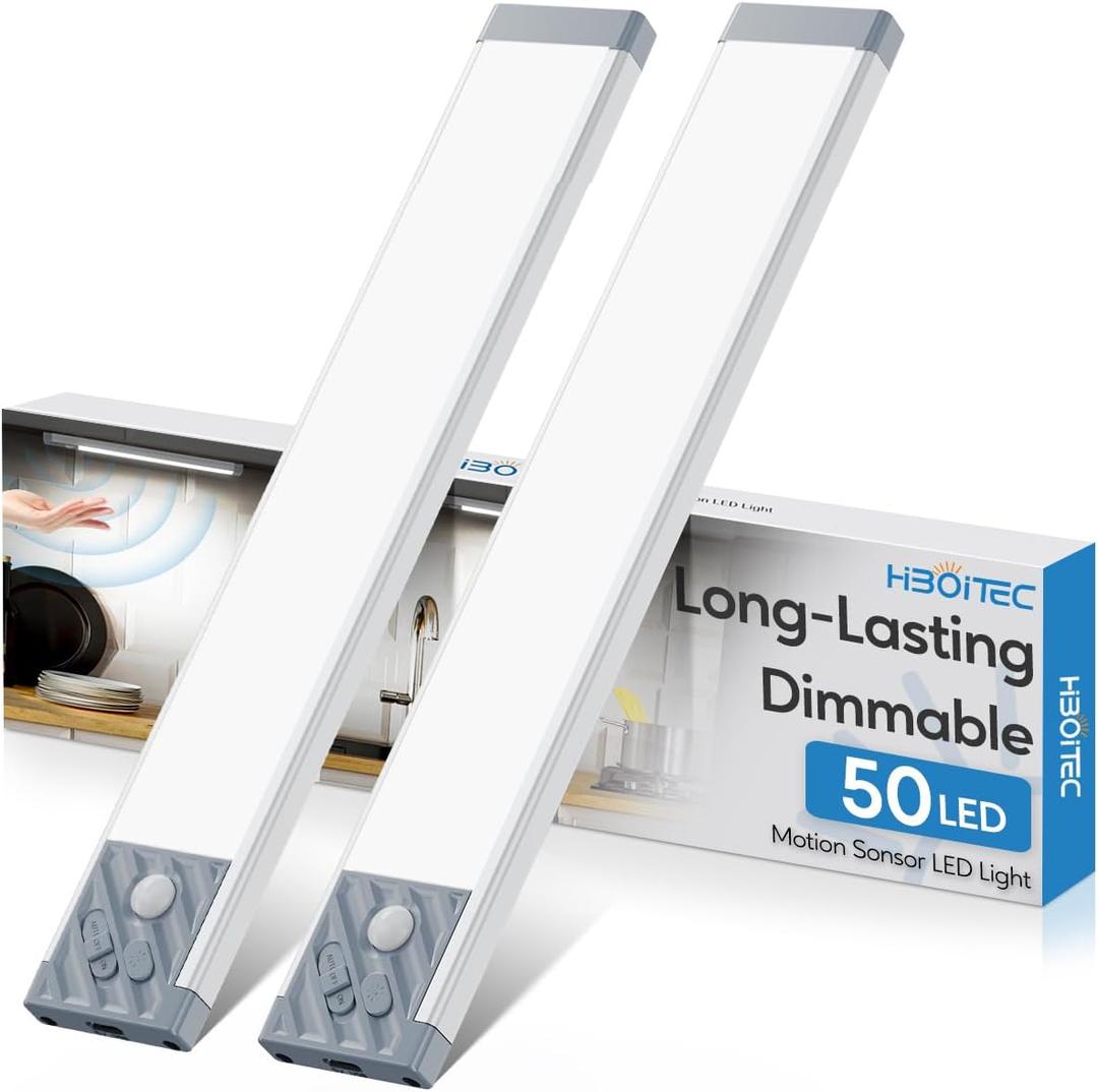 HIBOITEC Under Cabinet Lighting Rechargeable Closet Lights Wireless Motion Sensor Light Indoor, 50 LED Dimmable Magnetic Under Counter Light for Kitchen, Pantry, 2 Pack, Cool White Light, 10 inch (Short)