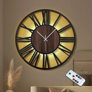 Large Lighted Wood Wall Clock Remote Control, Roman Numeral Modern Decorative Clock with Silent Movement, Battery Operated Clocks for Living Room Decor