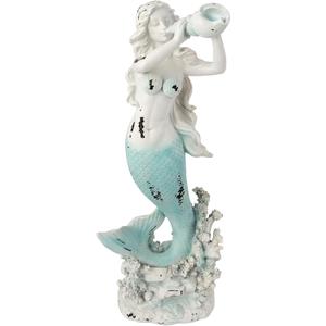 Mermaid Figurine Statue Distressed Whitewashed Coastal Decorative Coral Base Pieces Decor Collection for Home Bathroom Living Room Garden Patio Desk 15 Inches Tall