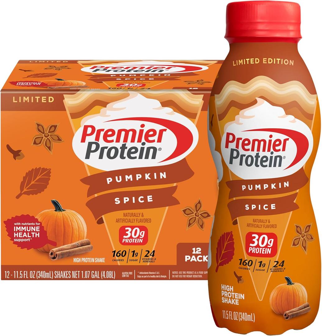 Premier Protein Shake Limited Edition 30g 1g Sugar 24 Vitamins Minerals Nutrients, Pumpkin Spice, 11.5 Fl Oz (Pack of 12) Artwork Case, No BB Date Found 