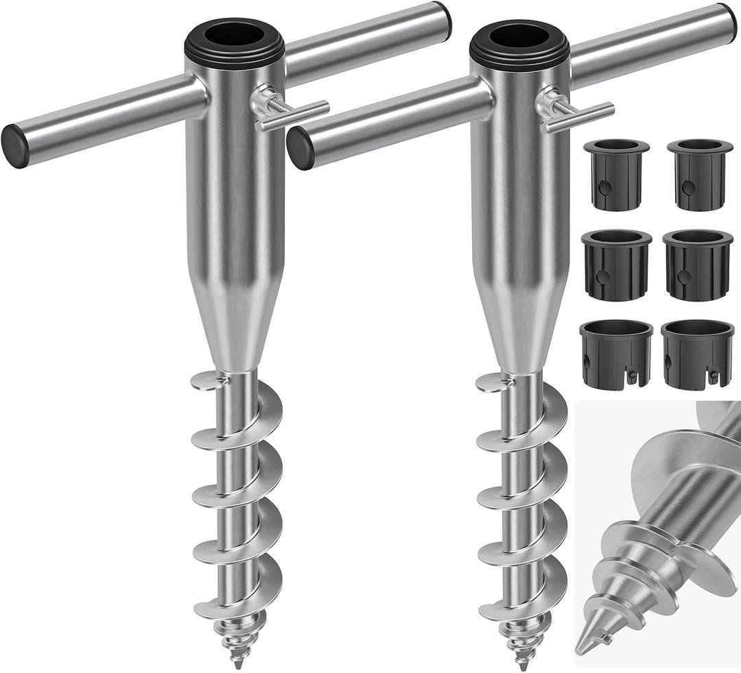 Beach Umbrella Sand Anchor, Heavy Duty Screw Anchor for Sand & Grass, Portable In-Ground Windproof Base with 3 Sleeve Design, Fully Welded Holder Fits 1" to 2" Outdoor Umbrella Poles, 2 Pack