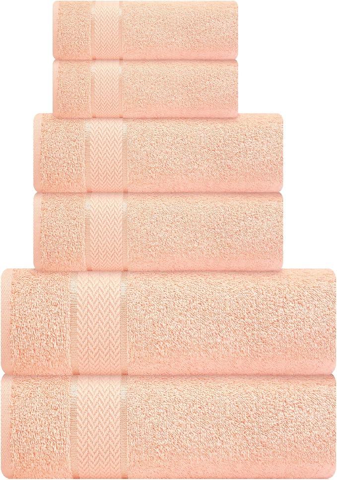 Bath Towels Set-100% Cotton- 2 Bath, 2 Hand & 2 Washcloths- Large, Thick, Fluffy, Absorbent, Quick Dry, Soft, Plush -Gift, Pool, Hotel, Gym Towel -6 Piece Luxury Bathroom Towels -Peach