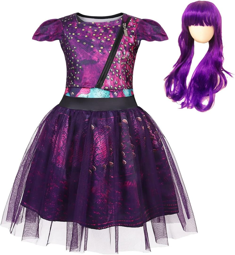 MetCuento Girls Princess Dress Kids Birthday Party Supplies Outfits Popular Musical Halloween Cosplay Dress with Purple Wig size 78