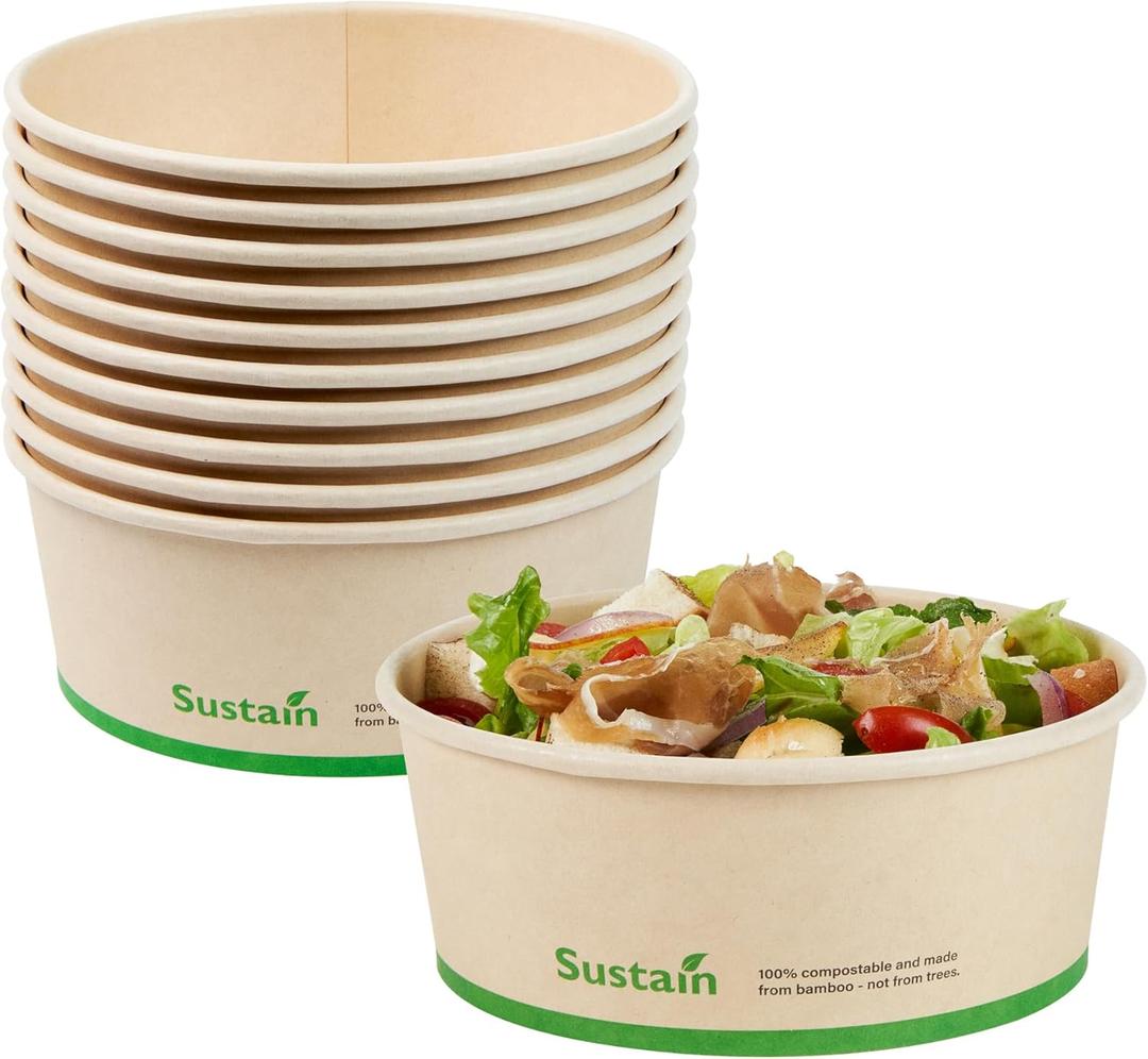 Restaurantware-Sustain 25 Ounce Sturdy Paper Take Out Boxes, 200 Round Take Out Food Containers - With PLA lining, Compostable, Bamboo Paper Containers, Disposable, Greaseproof (5.9"L5.9"W2.4"H, Kraft)