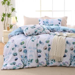 MUXHOMO Duvet Cover Queen Size, Reversible Floral Blue Duvet Cover Set with Zipper Closure, 3 Pieces Botanical Patterns Soft Microfiber Bedding Set with 4 Ties (90"x90", 2 Pillow Cases) (04 - Blue Flower (No Comforter))