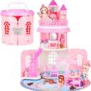 deAO Doll House for Girls Portable Playset Dollhouse Castle Kids Pretend Play with 2 Doll Toy Figures,Living Room,Bedroom,Balcony & Accessories for 3 to 7 Year Olds Kids (Pink)