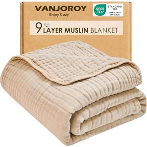 VANJOROY 100% Cotton Throw Blanket 50" x 70"- 9-Layer Muslin Blanket for Adults Organic Breathable Lightweight, Soft Gauze Large Summer Blanket for Couch Bed - Linen Beige