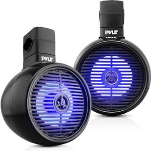 Pyle Bluetooth Waterproof Off-Road Speakers - 8 300W 2-Way Marine Wakeboard Tower Sound System w/LED Light, Full Range Outdoor Stereo Speaker for Car ATV UTV, Jeep, Boat, Includes Brackets (Black)